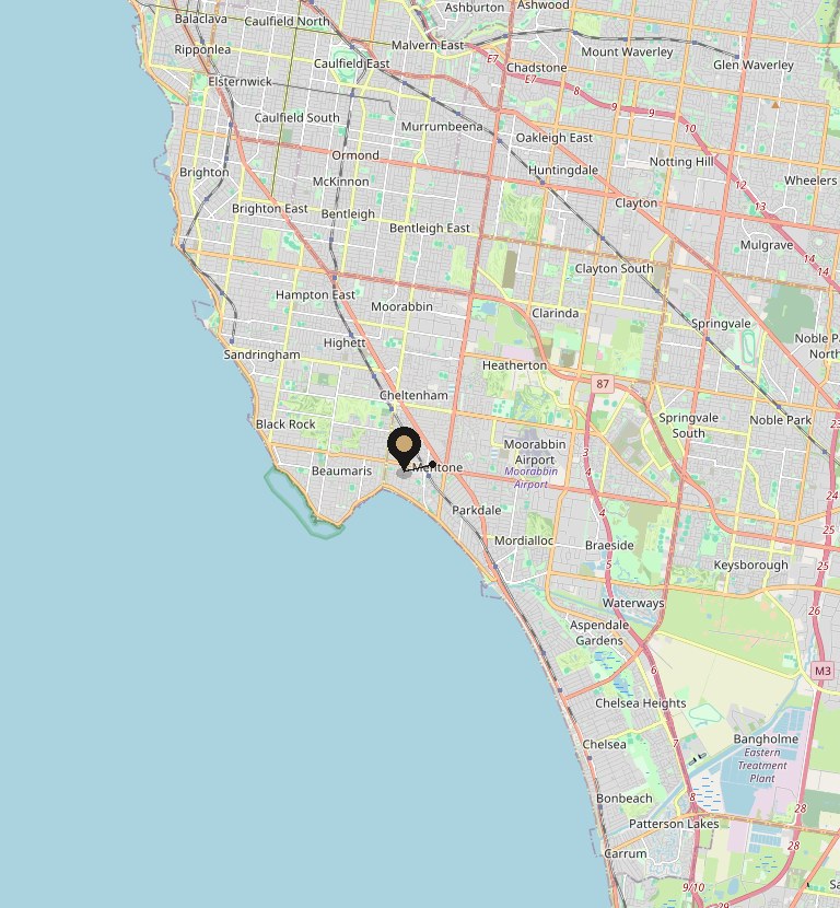 Map of Established Renovations' South East Melbourne service area, centred on Mentone and covering Cheltenham, Parkdale, Mordialloc, Beaumaris, Black Rock, Sandringham, Brighton, Hampton, Highett, Bentleigh and Chelsea